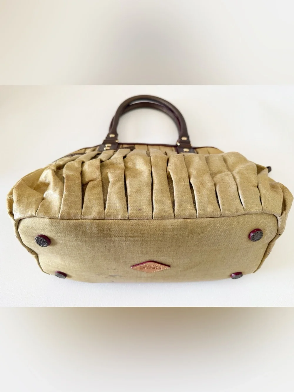 MZ Wallace Bag Bedford Bea Leather Pleated Canvas Satchel Metallic Gold - Picture 11 of 16